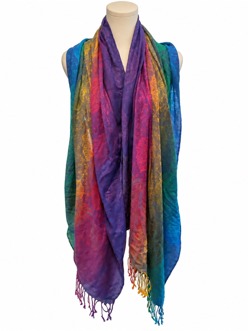 100% Pashmina Rainbow Paisley Shawl Wrap Scarf Fringe 26x72 (approximately)